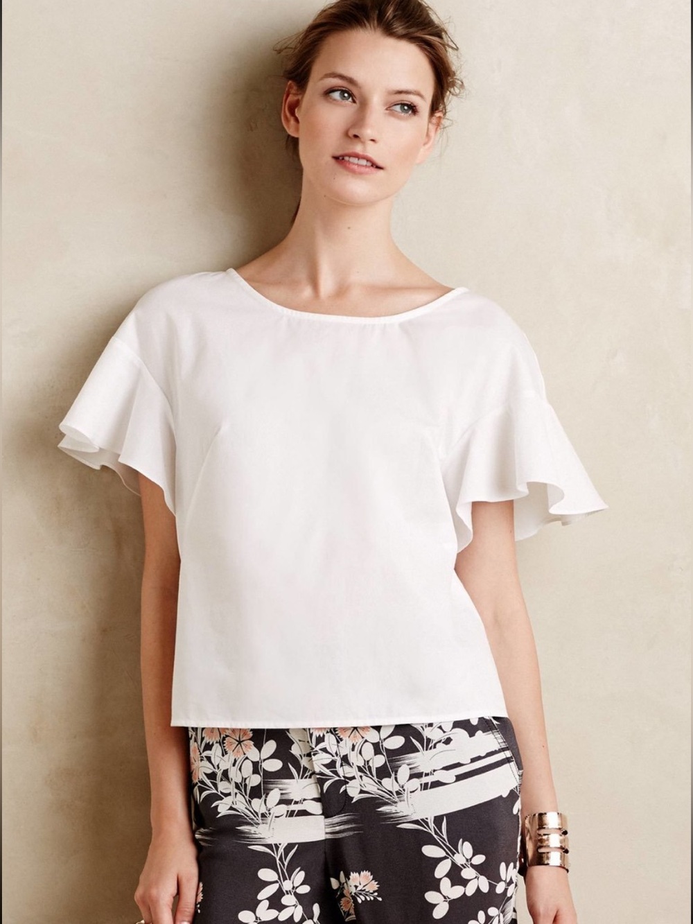 Anthropologie Maeve White Cotton Fluttered Poplin Top Size 8P